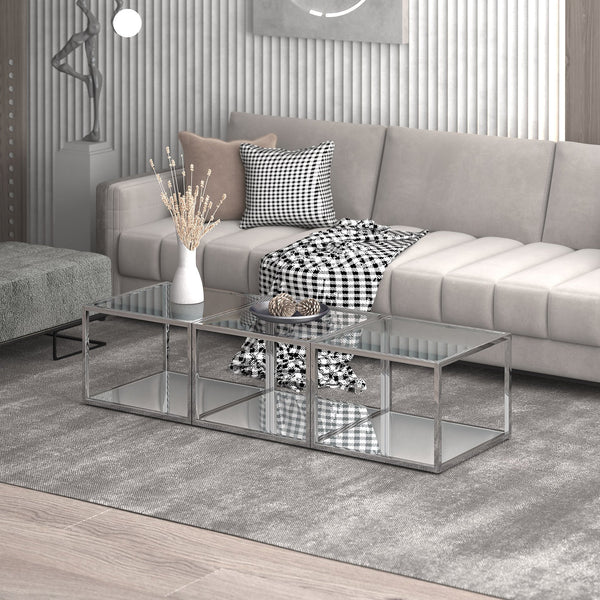 Worldwide Home Furnishings Casini-3pc Contemporary Modular Coffee Table Set For Creative Layouts In Any Living Space Silver Metal,Glass 303-632ch_S