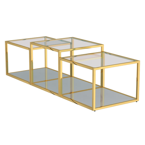 Worldwide Home Furnishings Casini-3pc Contemporary Modular Coffee Table Set For Creative Layouts In Any Living Space Gold Metal,Glass 303-632gl-3
