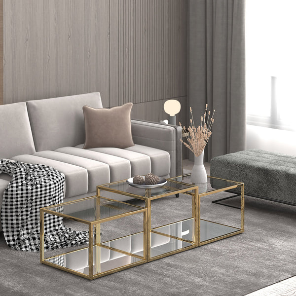 Worldwide Home Furnishings Casini-3pc Contemporary Modular Coffee Table Set For Creative Layouts In Any Living Space Gold Metal,Glass 303-632gl-3