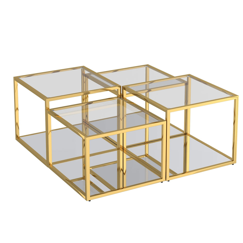 Worldwide Home Furnishings Casini-4pc Contemporary Modular Table Set For Creative Layouts And Perfect Space Fit Gold Metal,Glass 303-632gl-4