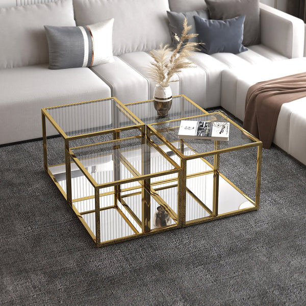 Worldwide Home Furnishings Casini-4pc Contemporary Modular Table Set For Creative Layouts And Perfect Space Fit Gold Metal,Glass 303-632gl-4