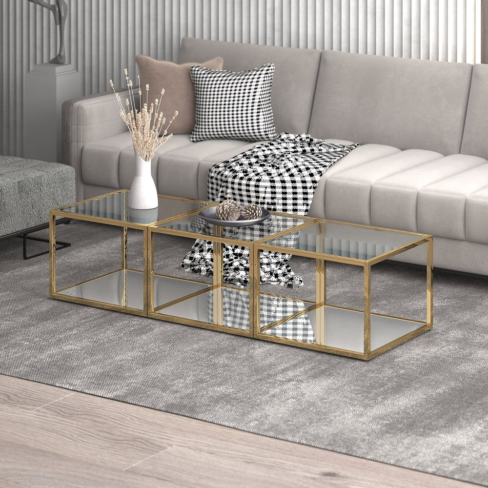 Worldwide Home Furnishings Casini-3pc Contemporary Modular Coffee Table Set For Creative Layouts In Any Living Space Gold Metal,Glass 303-632gl_S