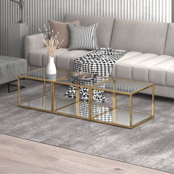 Worldwide Home Furnishings Casini-3pc Contemporary Modular Coffee Table Set For Creative Layouts In Any Living Space Gold Metal,Glass 303-632gl_S