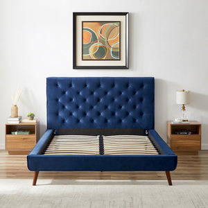 English Elm Ashcroft Furniture - Dillon Elegant Blue Velvet Platform Bed - Mid-Century Modern Design With No-Box-Spring Required B183S00080
