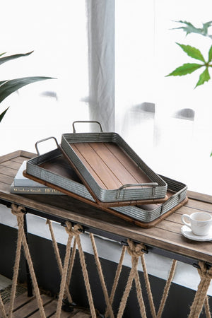 English Elm S/2 Rustic Fir Wood Serving Trays with Iron Accents for Farmhouse Tablescapes W2078P495641