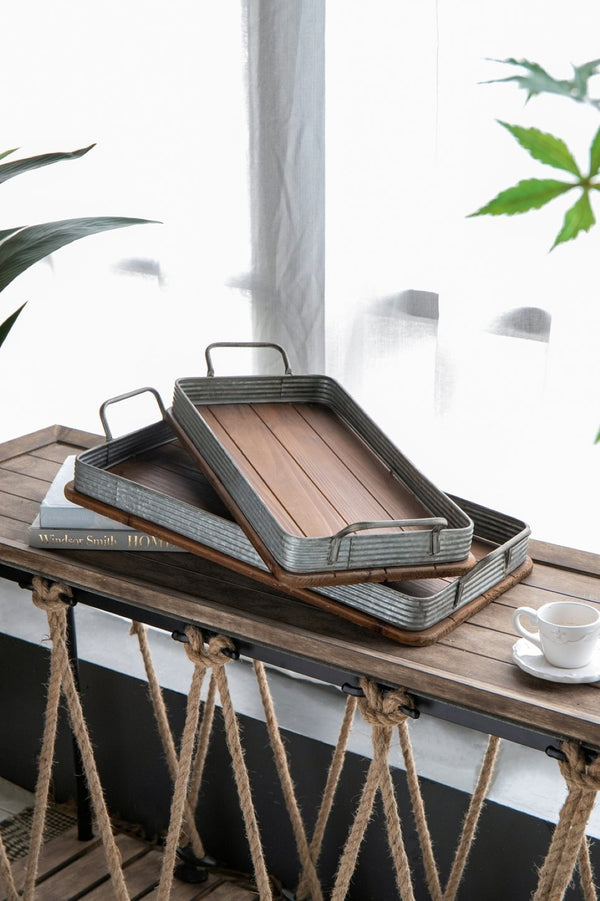 English Elm S/2 Rustic Fir Wood Serving Trays with Iron Accents for Farmhouse Tablescapes W2078P495641