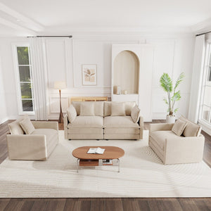 English Elm 3 Piece Chenille Living Room Sofa Set with Two Armchairs Toss Pillows Solid Wood Frame W714S00890