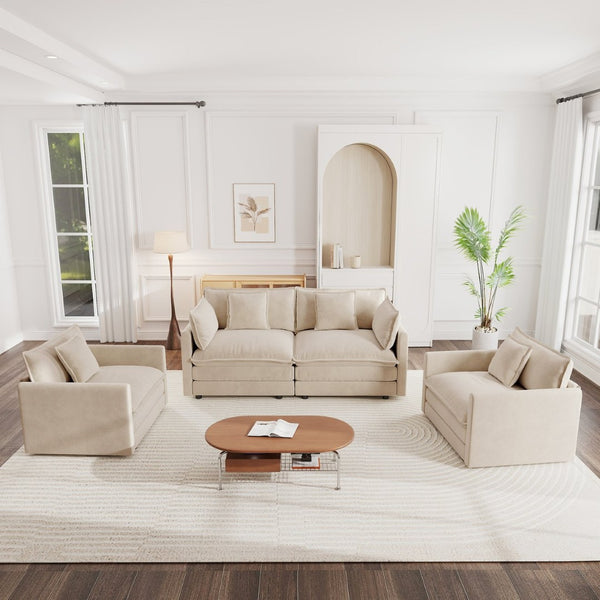 English Elm 3 Piece Chenille Living Room Sofa Set with Two Armchairs Toss Pillows Solid Wood Frame W714S00890