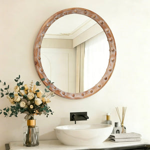 English Elm Round Rattan Textured Wall Mirror Natural Woven Frame Bohemian Accent for Any Room W2295P414106