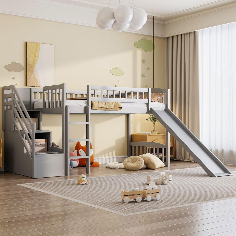 English Elm Stairway Twin Loft Bed with Storage Staircase Slide and Guardrails for Kids Gray LT000515AAE-1