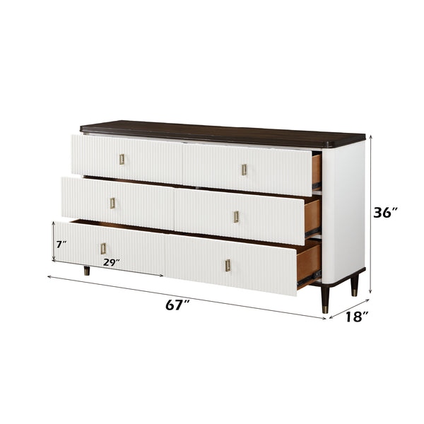 English Elm Carena E.King 5-Piece Bedroom Set in Brown/Gray/White – Upholstered Bed, Dresser, Chest, Mirror, Nightstand B2726S00445