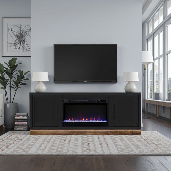 English Elm Nora 64-inch Fireplace TV Stand with 26" Electric Insert, Two-Tone Alder & Poplar Craftsmanship Black B108P345195