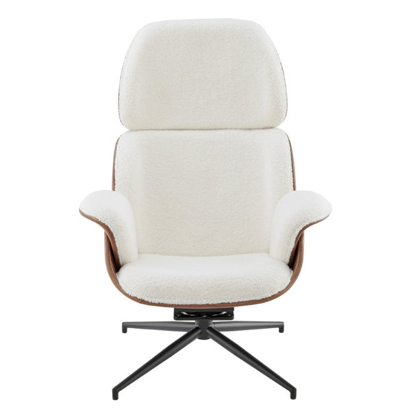 EuroStyle Lennart Swivel Lounge Chair Sherpa Seat Leatherette Back Mid-Century Living Room Ivory/Brown 30344IVRY-KIT