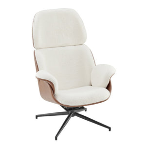 EuroStyle Lennart Swivel Lounge Chair Sherpa Seat Leatherette Back Mid-Century Living Room Ivory/Brown 30344IVRY-KIT