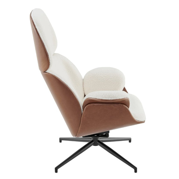 EuroStyle Lennart Swivel Lounge Chair Sherpa Seat Leatherette Back Mid-Century Living Room Ivory/Brown 30344IVRY-KIT