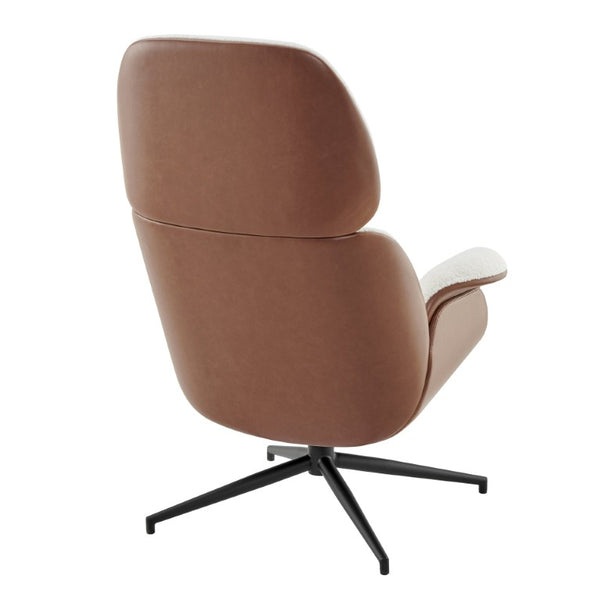 EuroStyle Lennart Swivel Lounge Chair Sherpa Seat Leatherette Back Mid-Century Living Room Ivory/Brown 30344IVRY-KIT