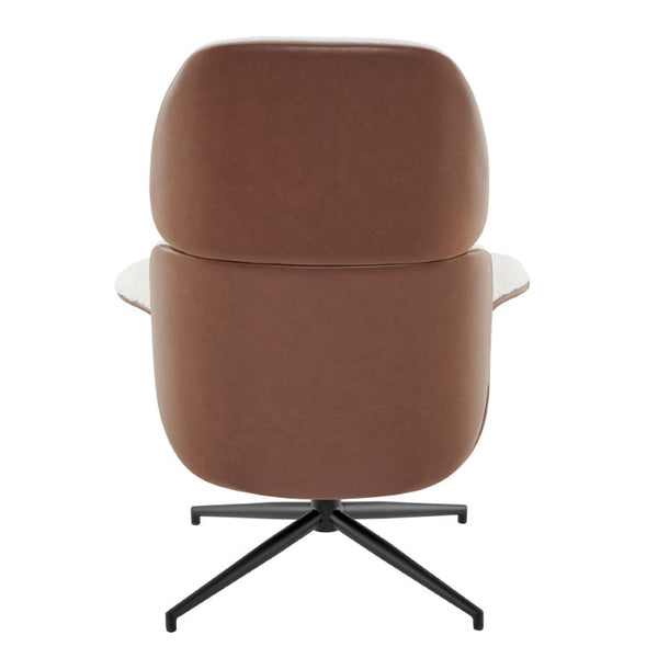 EuroStyle Lennart Swivel Lounge Chair Sherpa Seat Leatherette Back Mid-Century Living Room Ivory/Brown 30344IVRY-KIT