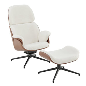 EuroStyle Lennart Swivel Lounge Chair Sherpa Seat Leatherette Back Mid-Century Living Room Ivory/Brown 30344IVRY-KIT