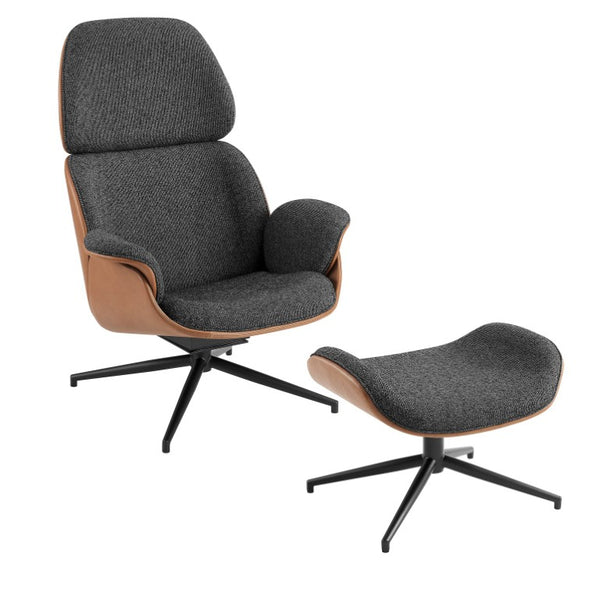 EuroStyle Lennart Swivel Lounge Chair Sherpa Seat Leatherette Back Mid-Century Living Room Black/Brown/Matte Black 30346BRN-KIT