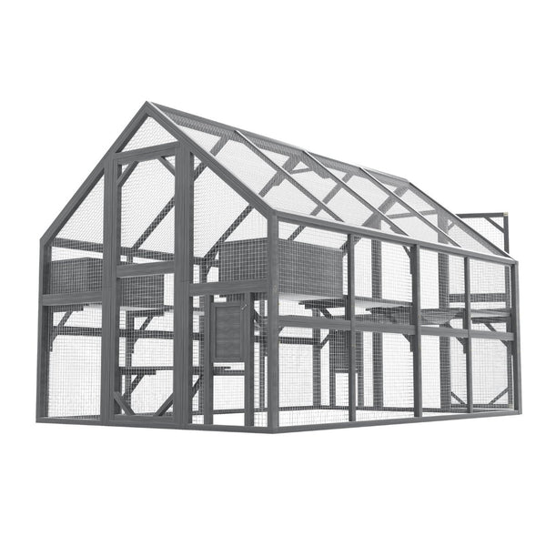 English Elm Cat, Cat Outdoor Wooden Enclosure with Seven Platforms Resting Boxes and Waterproof Canopy W1598S00040