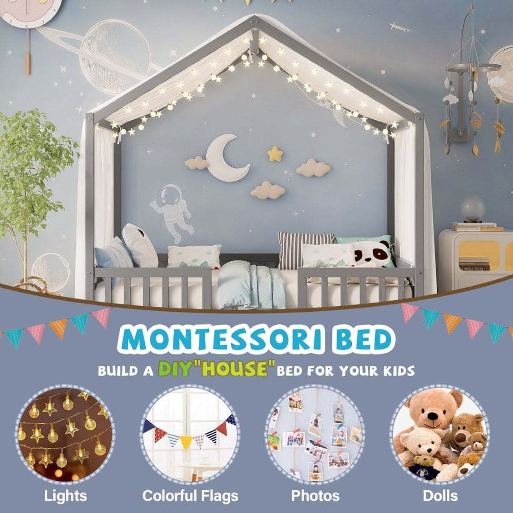 English Elm Montessori Pine Floor Bed Twin with House Canopy Frame and Four Safety Railings N733P356048E