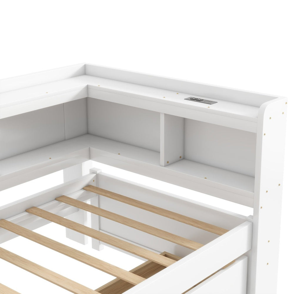 English Elm Twin L-Shaped Bookcase Bed With Usb Charging, Two Drawers & Modern White Finish For Smart Storage W504S00244-GIGA