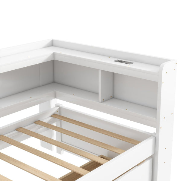 English Elm Twin L-Shaped Bookcase Bed With Usb Charging, Two Drawers & Modern White Finish For Smart Storage W504S00244-GIGA