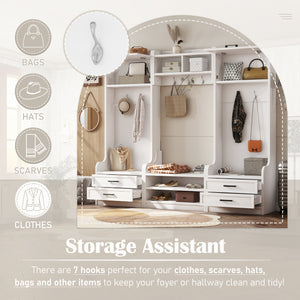 English Elm 4-in-1 Hall Tree with Bench, 7 Hooks, 2 Cabinets & 4 Drawers for Entryway Storage and Seating White W1580S00090