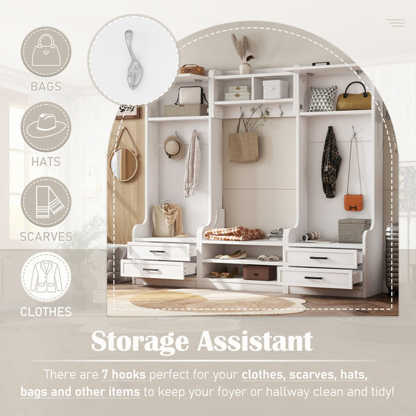 English Elm 4-in-1 Hall Tree with Bench, 7 Hooks, 2 Cabinets & 4 Drawers for Entryway Storage and Seating White W1580S00090