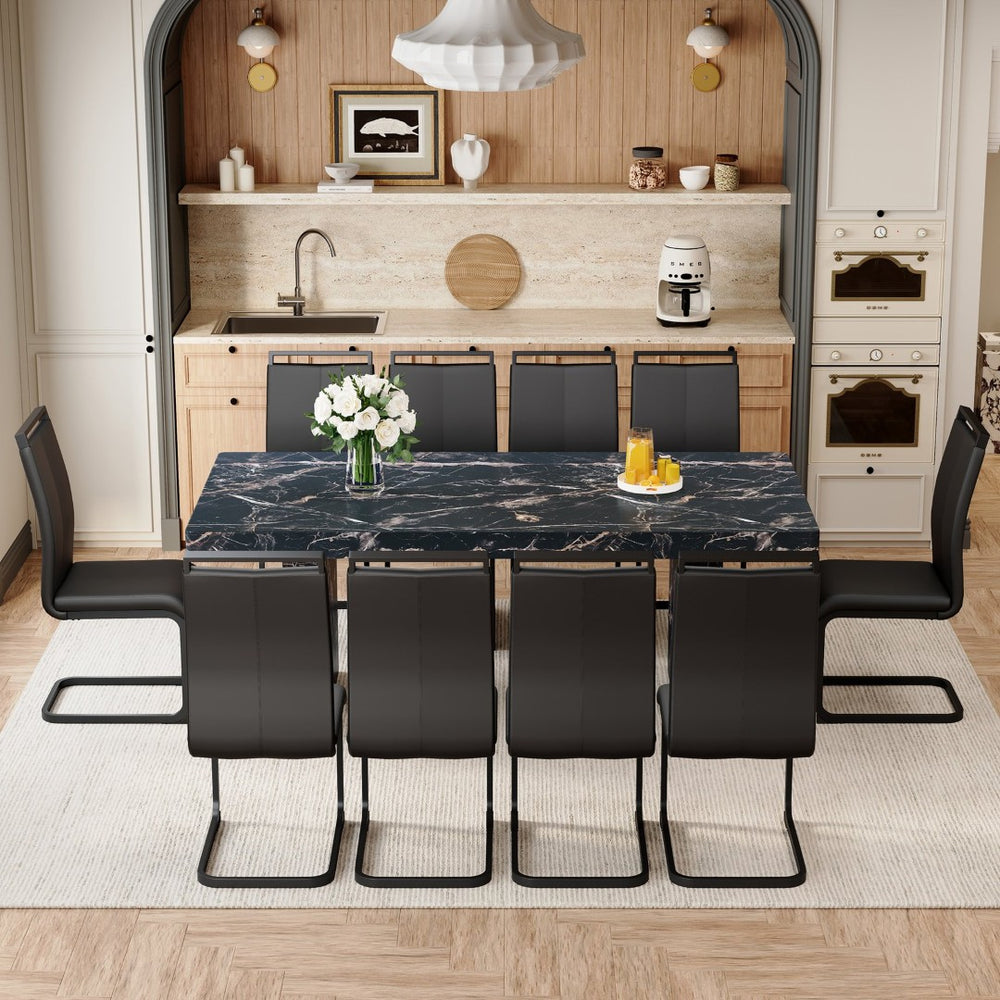 English Elm Table and Chair Set 11 Piece Marble Mdf Top with Ten Pu Seats for Formal Dining W1151S03988