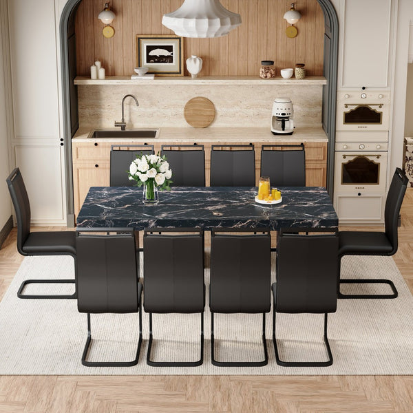 English Elm Table and Chair Set 11 Piece Marble Mdf Top with Ten Pu Seats for Formal Dining W1151S03988