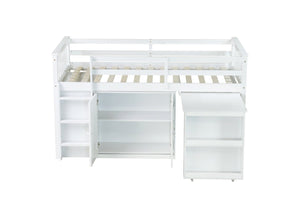 English Elm Twin Loft Bed Rubberwood Frame Pull Out Desk Storage Cabinet and Shelf Kids Room White W504S00288