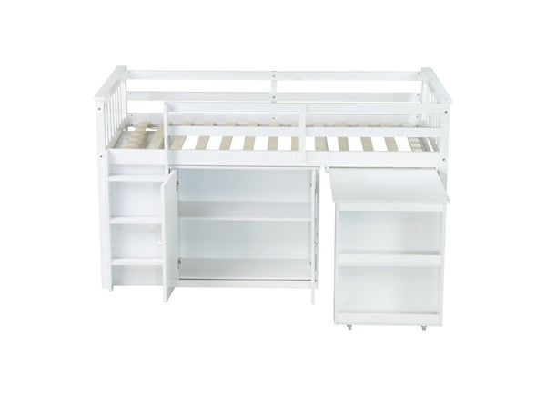 English Elm Twin Loft Bed Rubberwood Frame Pull Out Desk Storage Cabinet and Shelf Kids Room White W504S00288