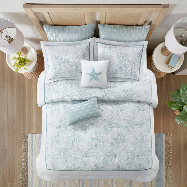 JLA Home Harbor House Blue - Euro Sham - Maya Bay Seafoam Blue Embroidered 100% Cotton OEKO-TEX Euro Sham for Luxe Coastal Beds HH11-1228A