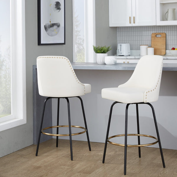 English Elm Fixed-height Swivel Counterstools White Faux Leather Gold Nailhead Black Frame Set 2 B202S01851