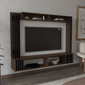 English Elm Bremmen Walnut Entertainment Center with Open Shelves, TV Panel & Hidden Storage for Living Room B200S00443