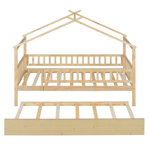English Elm Twin House Bed with Trundle Solid Pine Frame Walnut Kids Bedroom Sleepover N708P357115N
