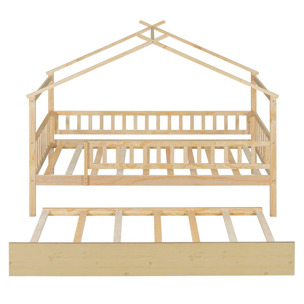 English Elm Twin House Bed with Trundle Solid Pine Frame Walnut Kids Bedroom Sleepover N708P357115N