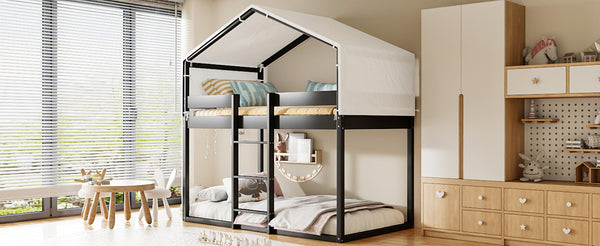 English Elm Twin Over Kids Bunk Bed with Tent Canopy Farmhouse Pinewood Playroom Frame Espresso N708P248523P