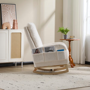 English Elm Modern Upholstered Glider Rocker with Teddy Fabric High Back and Rubberwood Base White W3723P409074