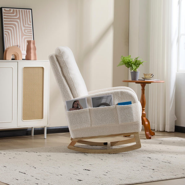 English Elm Modern Upholstered Glider Rocker with Teddy Fabric High Back and Rubberwood Base White W3723P409074