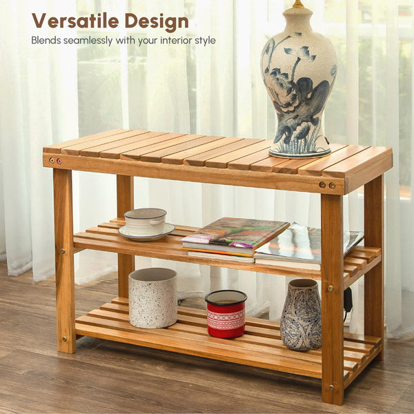 English Elm Acacia 2-Tier Shoe Rack Bench — Natural Acacia Wood Organizer, Compact 200 lb Seat, Easy Assemble W2391P149801