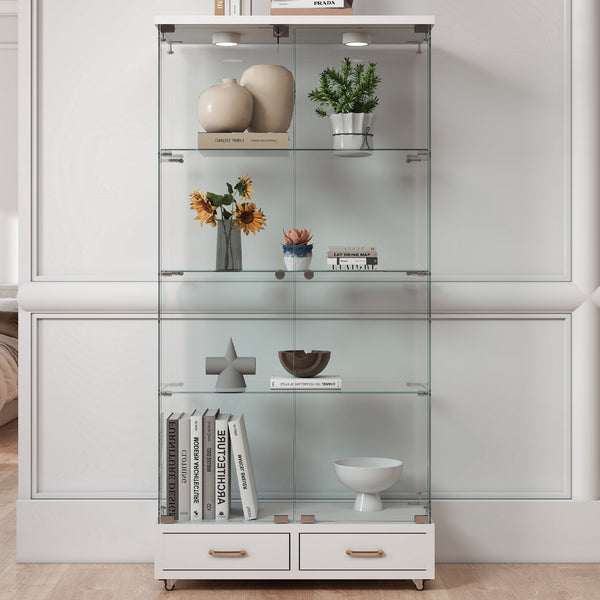 English Elm Modern Glass Display Cabinet With Led Lights & Drawers - Stylish 4-Shelf Storage For Any Room W241S00058