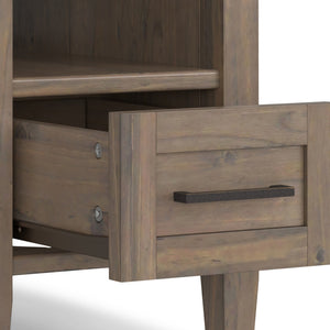 English Elm Ela Narrow End Table in Smoky Brown Wood, Handcrafted Solid Wood, Drawer & Open Shelf Storage, Transitional Style B136P203458