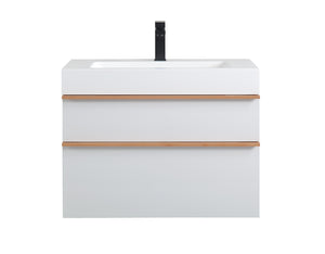 English Elm VELA 30 Inch Wall Mounted Bathroom Vanity with Integrated Acrylic Sink, Dual Wood Handles, Soft-Close Drawers, Matte Finish White W3235P327594