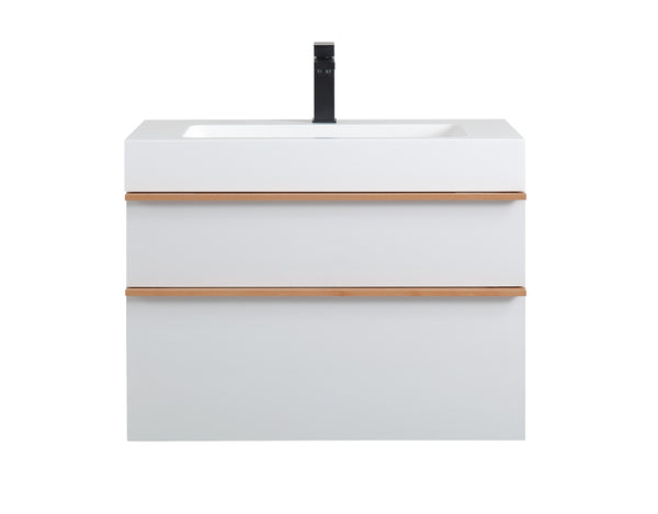 English Elm VELA 30 Inch Wall Mounted Bathroom Vanity with Integrated Acrylic Sink, Dual Wood Handles, Soft-Close Drawers, Matte Finish White W3235P327594