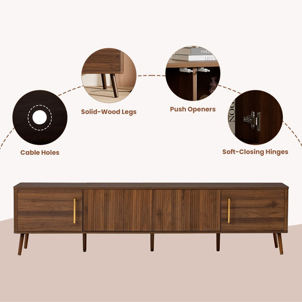 English Elm 78 Inch Walnut Entertainment Center Fluted Doors Solid Wood Legs for Living Room N710P372559P