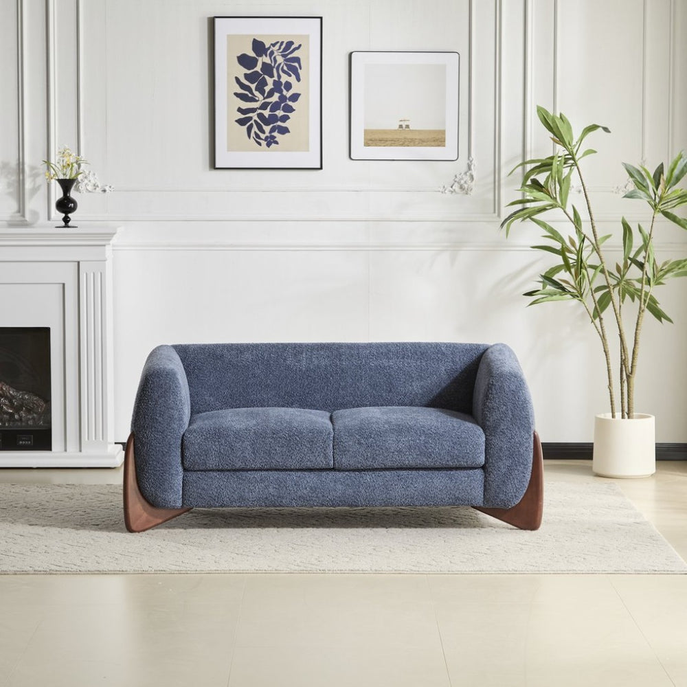 English Elm Boucle Loveseat with Birch Wedge Feet Sculptural Two Seater for Modern Living Rooms Navy Blue N771P205087U