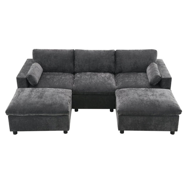 English Elm [video]86.5'' Chenille U-shaped Sectional with Dual Ottomans and Storage Pockets for Living Rooms Dark Gray N723S7723E