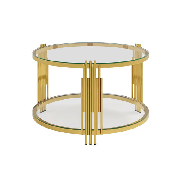 English Elm Living Room 3 Piece Glass Table Set with Sculptural Gold Metal Bases and Lower Shelves Transparent N735P380100K